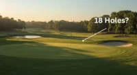 Sunrise view of an 18-hole golf course with fairways and flagstick.