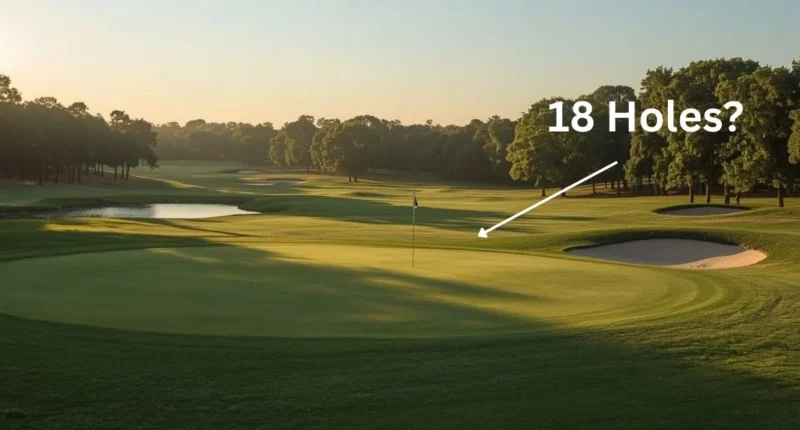Sunrise view of an 18-hole golf course with fairways and flagstick.
