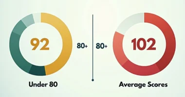 Infographic showing average 18-hole golf scores for men and women with chart and statistics.
