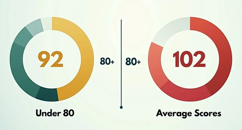 Infographic showing average 18-hole golf scores for men and women with chart and statistics.