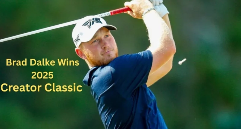 "Golfer swinging club after a shot on the course with text announcing Brad Dalke as the 2025 Creator Classic winner."