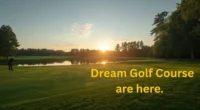 Aerial view of a luxury golf course at sunrise with golfers and elegant greens.
