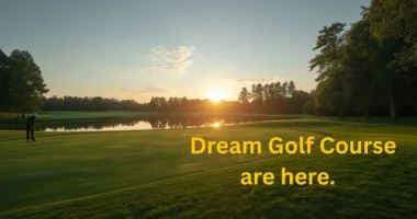 Aerial view of a luxury golf course at sunrise with golfers and elegant greens.