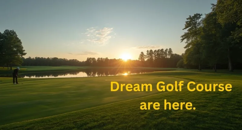 Aerial view of a luxury golf course at sunrise with golfers and elegant greens.