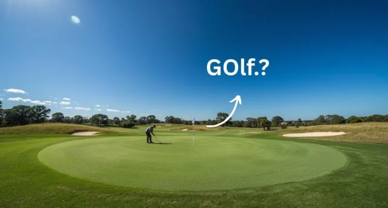 Golfer preparing to tee off on a scenic green golf course with a clear blue sky.