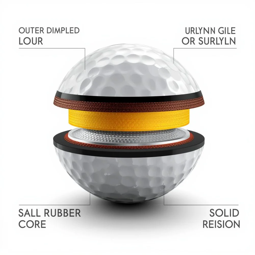 Cross-section of a golf ball showing urethane dimpled cover, mantle layer