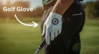 Golfer gripping a club while wearing a leather golf glove on a sunny course.