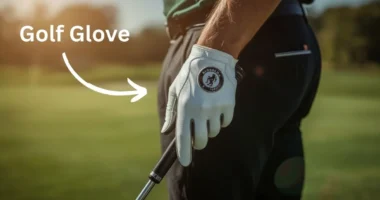 Golfer gripping a club while wearing a leather golf glove on a sunny course.