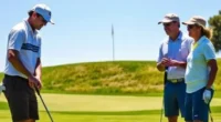 “Four golfers playing a scramble format on a sunny golf course, discussing their best shot together.”