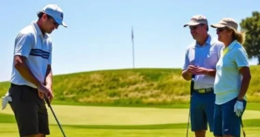 “Four golfers playing a scramble format on a sunny golf course, discussing their best shot together.”