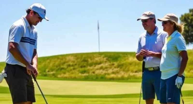 “Four golfers playing a scramble format on a sunny golf course, discussing their best shot together.”