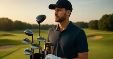 electing a golf club from his bag on a sunny green course, symbolizing the process of choosing the perfect golf stick for the game.