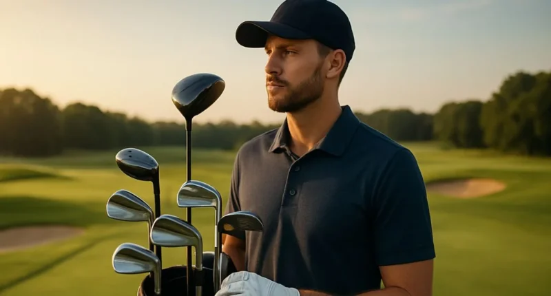 electing a golf club from his bag on a sunny green course, symbolizing the process of choosing the perfect golf stick for the game.