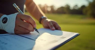Golfer writing scores on a golf scorecard during a round.