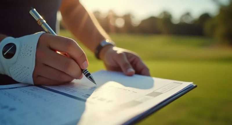 Golfer writing scores on a golf scorecard during a round.