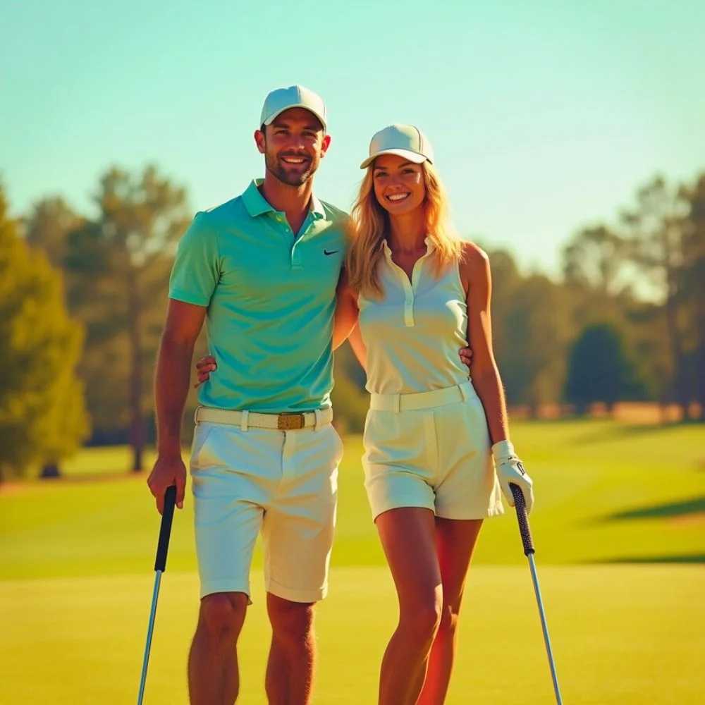 Male and female golfers standing together on a course, representing average golf handicaps for men and women.