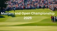 Golfer taking a swing at a championship event with fans watching at The Masters and The Open 2025.