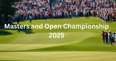 Golfer taking a swing at a championship event with fans watching at The Masters and The Open 2025.