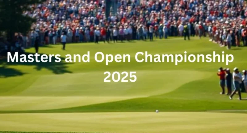 Golfer taking a swing at a championship event with fans watching at The Masters and The Open 2025.