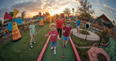 A cheerful mini golf course with families and friends playing together, featuring colorful obstacles and bright green turf.