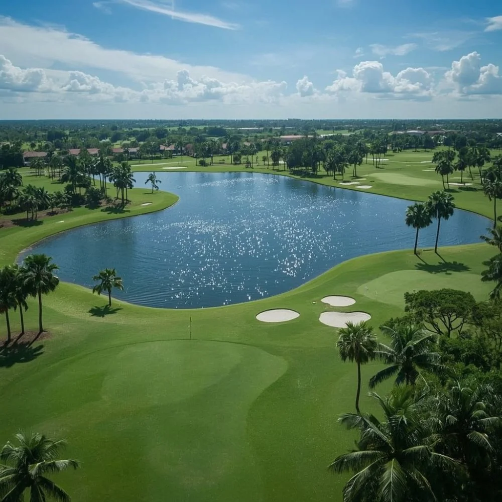 PGA National Resort golf course with water hazards and palm trees in Palm Beach Gardens.