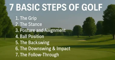 "Infographic of the 7 steps in golf including grip, stance, posture, ball position, backswing, downswing, and follow-through with a golfer demonstration."