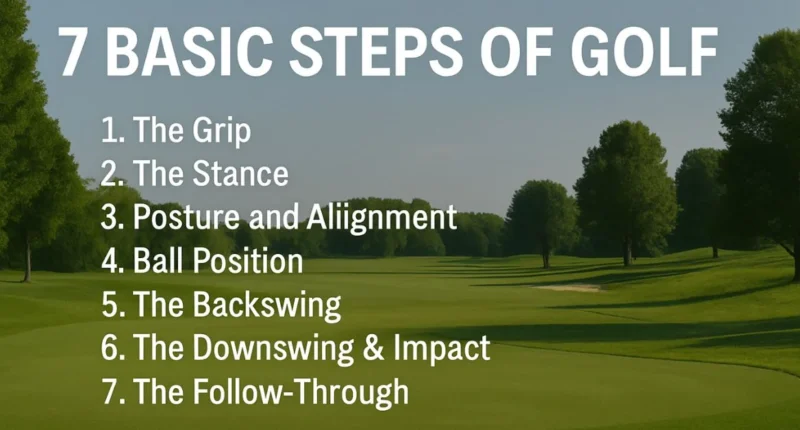 "Infographic of the 7 steps in golf including grip, stance, posture, ball position, backswing, downswing, and follow-through with a golfer demonstration."