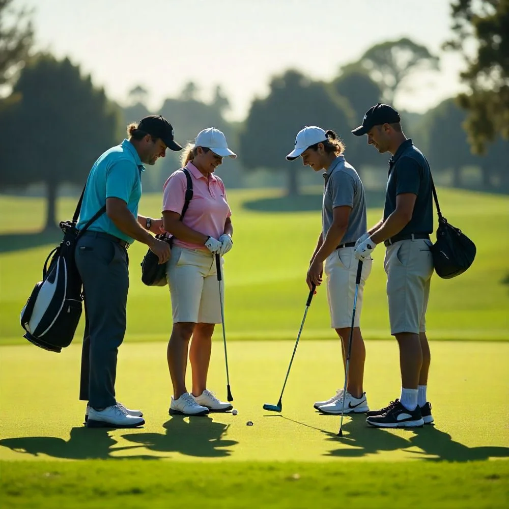 Golf team discussing putting strategy during a scramble game, showing teamwork and planning.