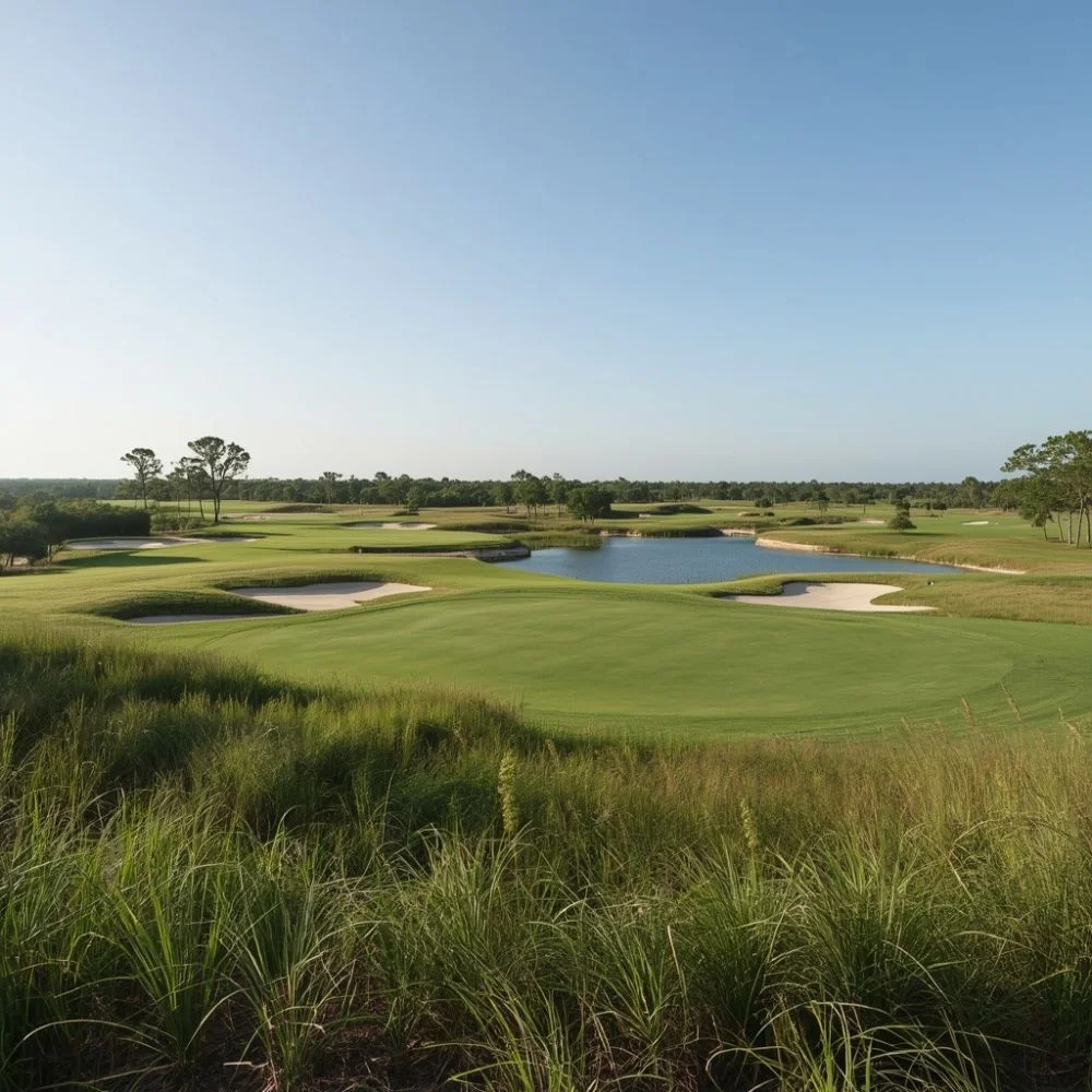 Streamsong Resort golf course with rolling sand dunes and lakes in Florida.