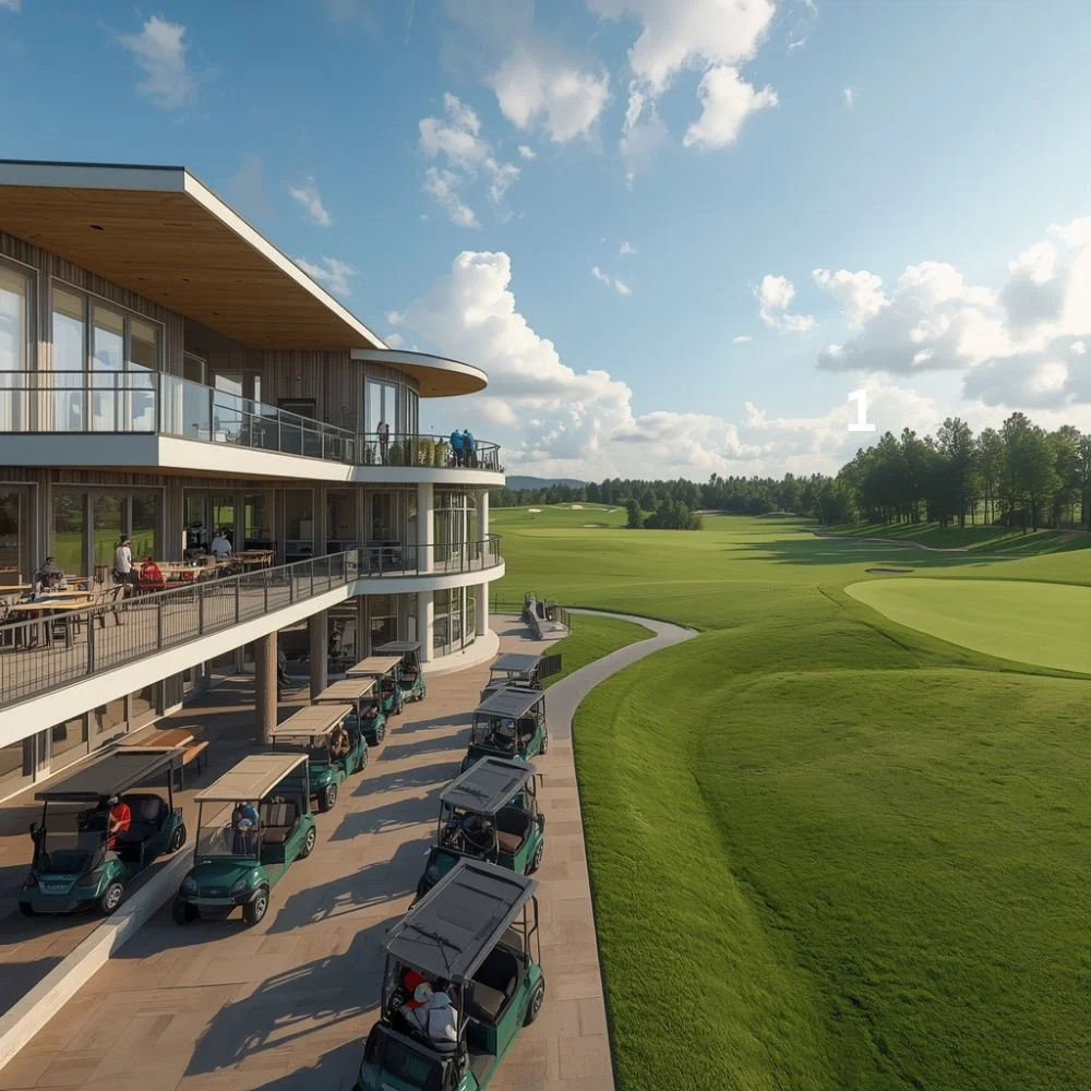 A golfer swings on a fairway with the audience watching under clear skies.