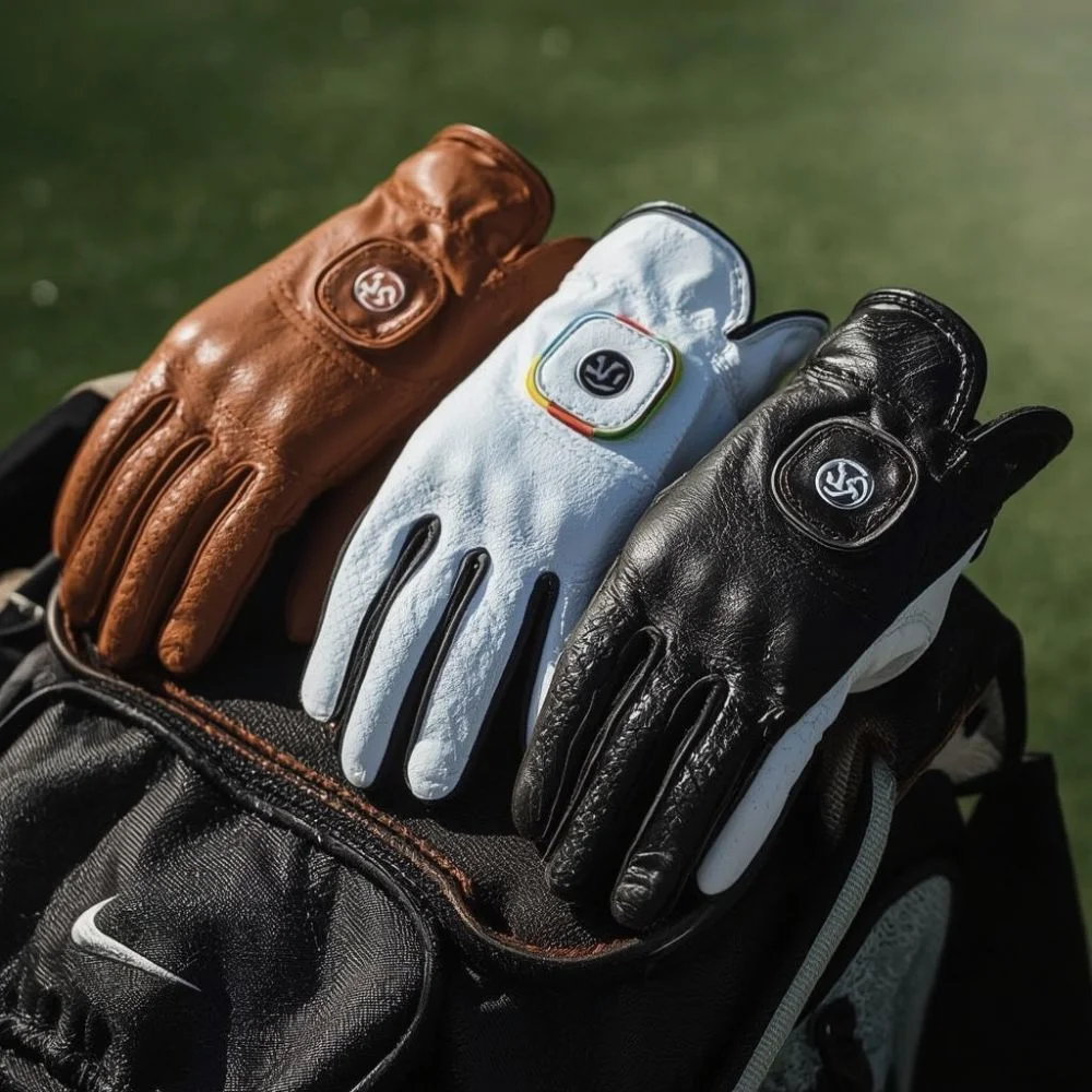 Leather, synthetic, and hybrid golf gloves displayed for comparison.