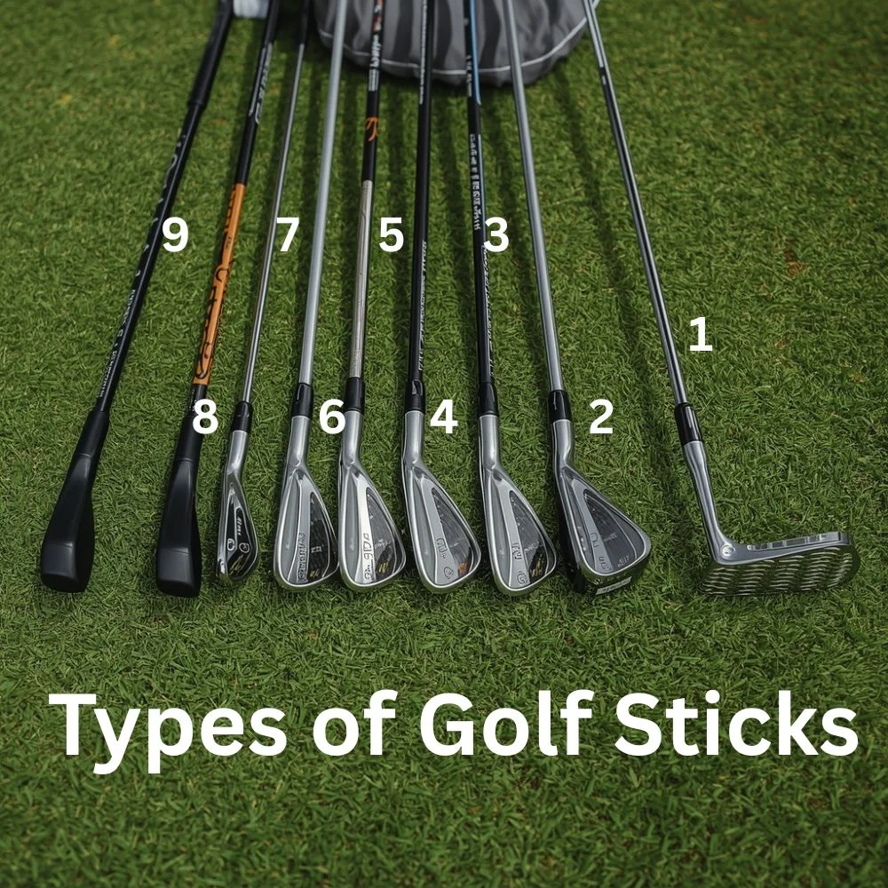 A complete set of golf sticks including driver, woods, irons, hybrids, wedges