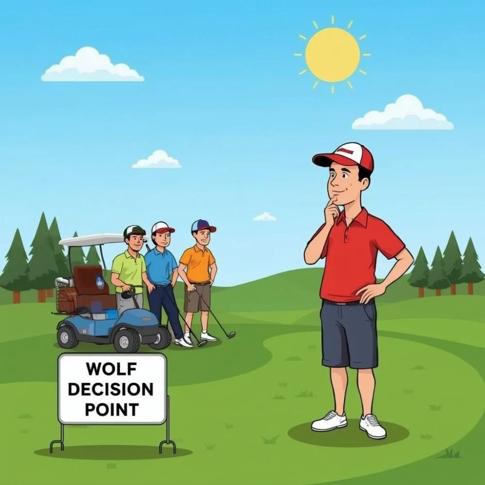 Sun-kissed first tee with four casual golfers holding coffee and drivers, dewy grass under soft early light perfect moment before the first Wolf decision. 