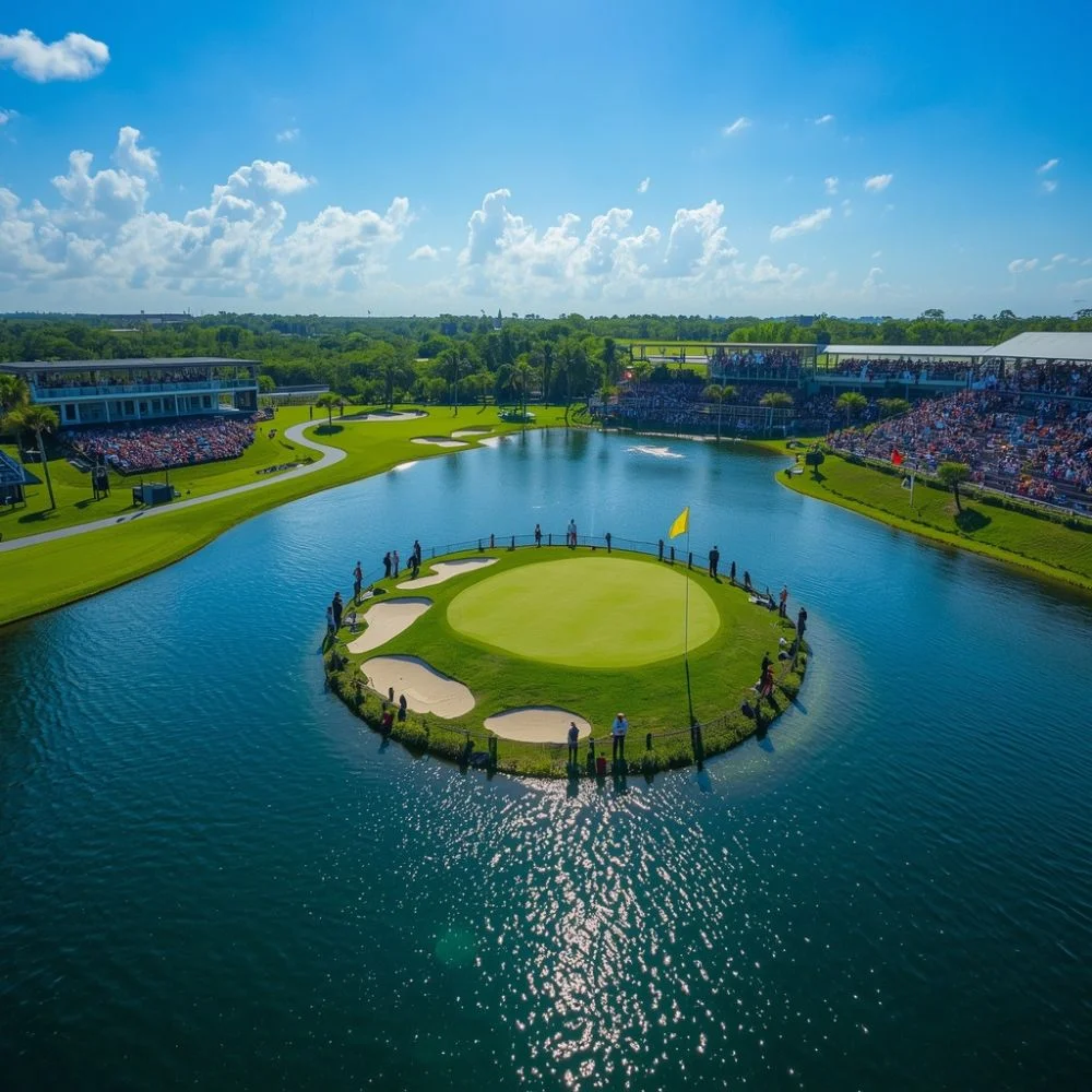 A Florida golf course with an island green and spectators during a tournament.