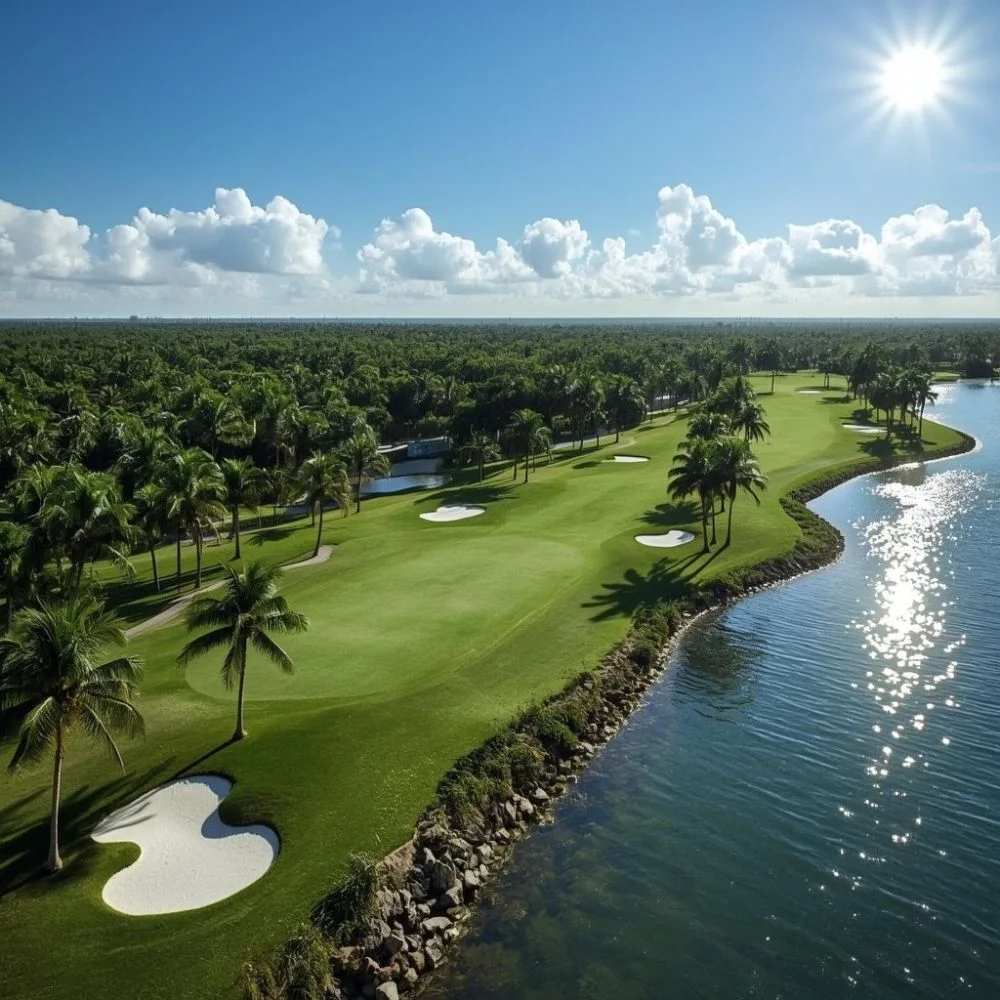 Trump National Doral golf course with palm trees, water, and bunkers in Miami.