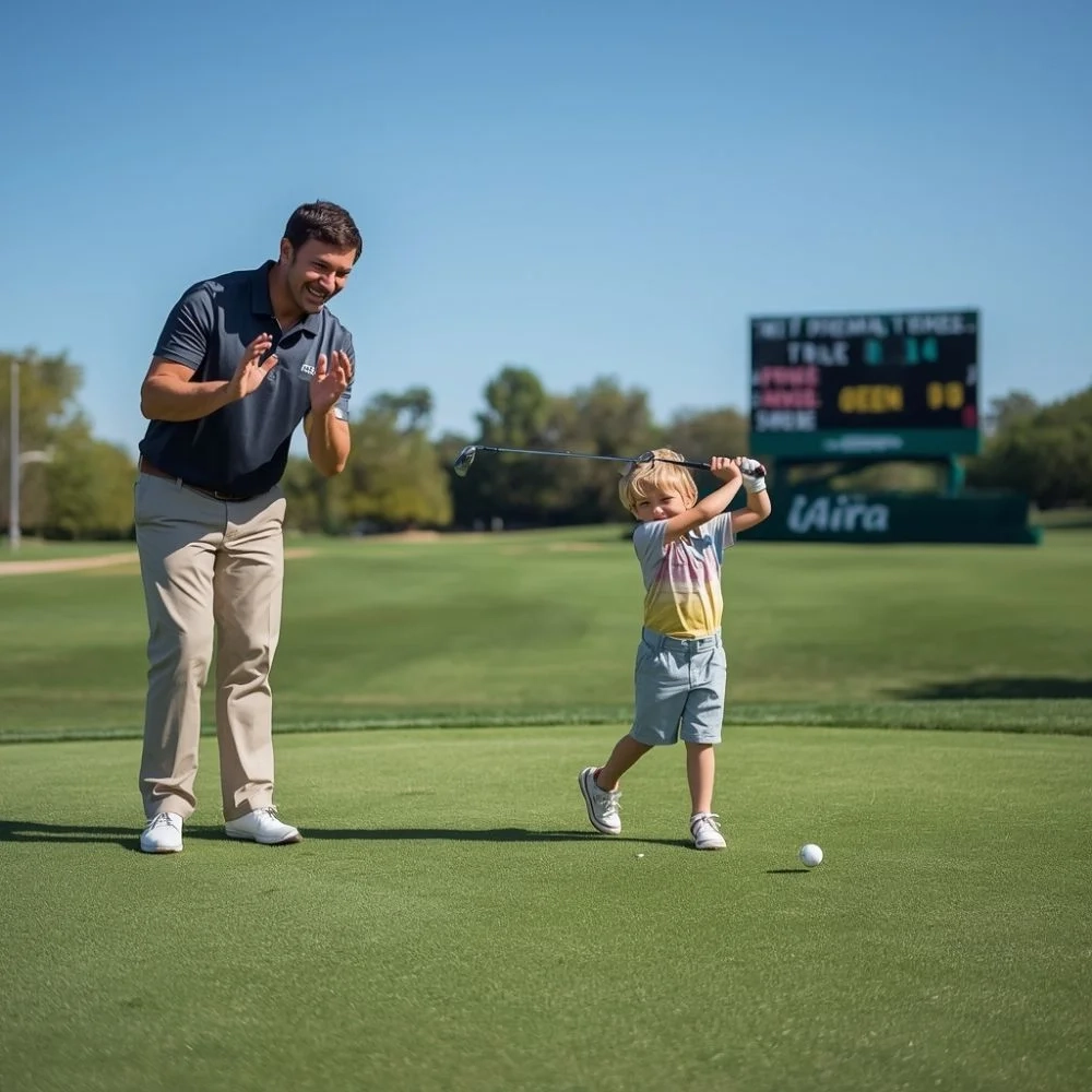 Parent cheering for a junior golfer during tournament play.