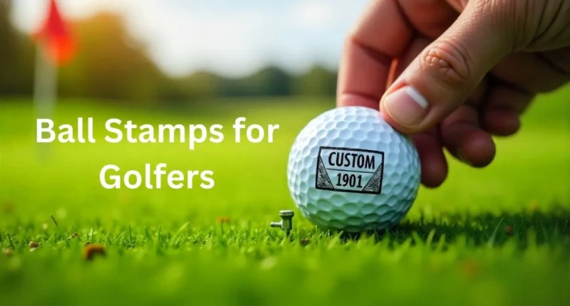 Close-up of a golf ball stamped with a custom design on a golf course, with a golfer’s hand holding the stamp tool.