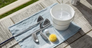 A set of golf clubs with a bucket of soapy water, brush, and microfiber towel, ready for cleaning on a bright outdoor patio.