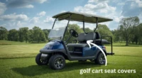 A sleek modern golf cart parked on a lush green golf course under a partly cloudy sky.