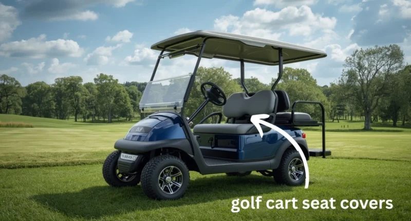 A sleek modern golf cart parked on a lush green golf course under a partly cloudy sky.