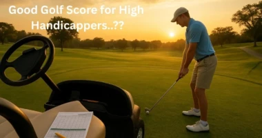 A wide view of a green golf course with mountains in the background, a beginner golfer holding a club near the hole, symbolizing practice and improvement in scoring
