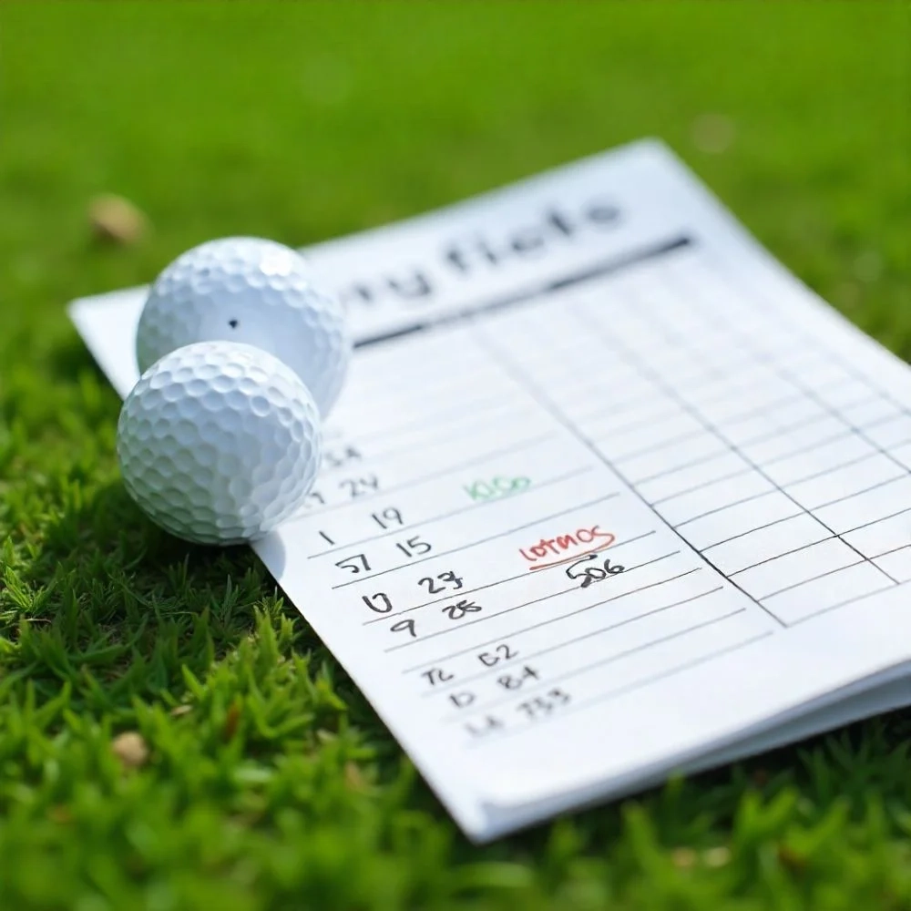 A scenic sunrise at a golf course with a beginner golfer preparing to swing, casual golf attire, golf cart nearby with a scorecard and pencil, representing learning and progress."