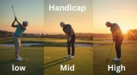 Three golfers on a lush golf course representing low, mid, and high handicaps, showing differences in skill and style.