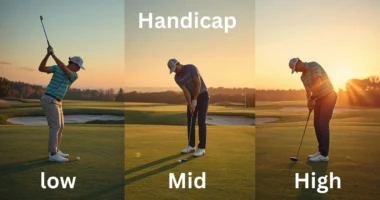 Three golfers on a lush golf course representing low, mid, and high handicaps, showing differences in skill and style.