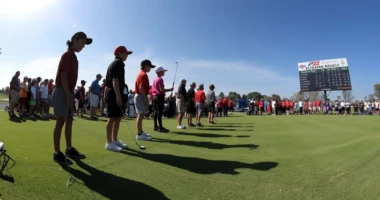 Junior golfers at a tournament with scoreboard in the background.