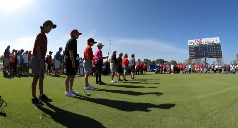 Junior golfers at a tournament with scoreboard in the background.